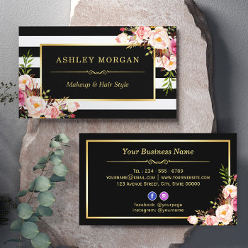 Gold Frame Blush Floral Black White Stripes Business Card by CardHunter at Zazzle