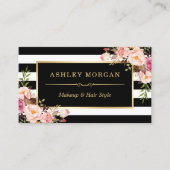 Gold Frame Blush Floral Black White Stripes Business Card (Front)