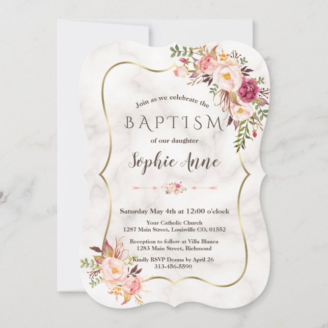 Gold Frame Blush Pink Floral Marble Baptism Invitation (Front)