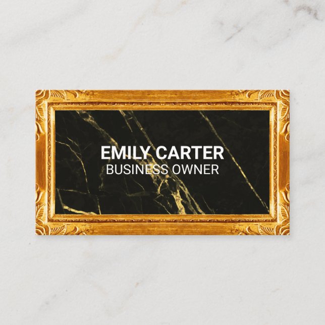 Gold Frame Border | Black Marble Background Business Card (Front)