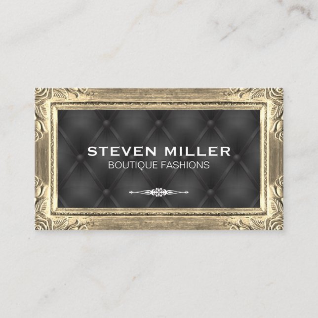 Gold Frame Borders | Black Upholstered Padding Business Card (Front)
