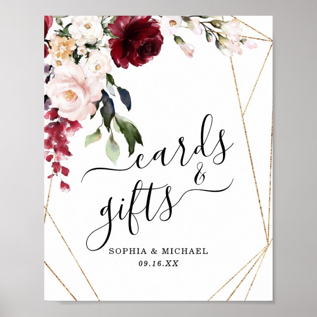 Gold Frame Burgundy Floral Cards and Gifts Sign (Front)