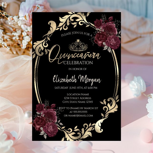 Gold Frame Burgundy Roses Black Quinceañera  Invitation (Creator Uploaded)