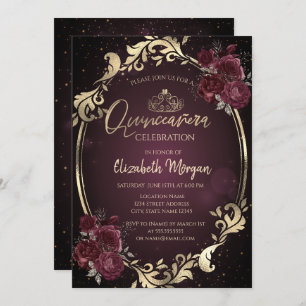 Gold Frame Burgundy Roses Dark Quinceañera Invitation