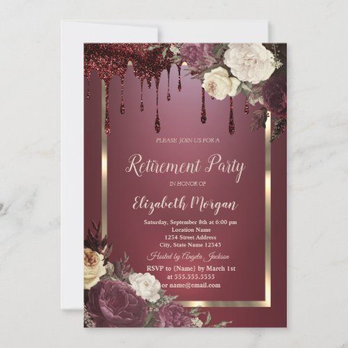 Gold Frame Burgundy Roses Glitter Drips Retirement Invitation