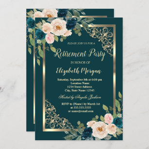Gold Frame Burgundy Roses Green Retirement Invitation