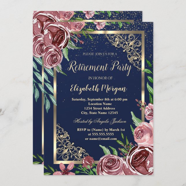 Gold Frame Burgundy Roses  Navy Blue Retirement  Invitation (Front/Back)