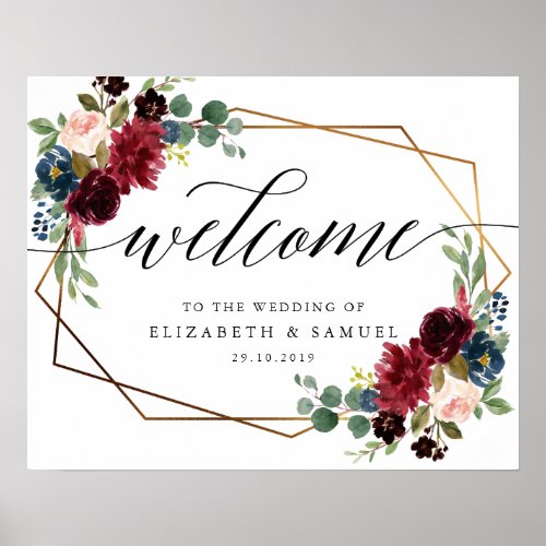 Gold Frame Burgundy Welcome to the wedding sign