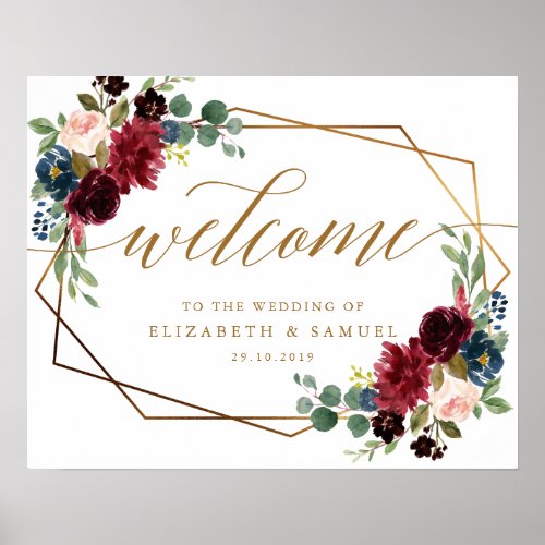 Gold Frame Burgundy Welcome to the wedding sign