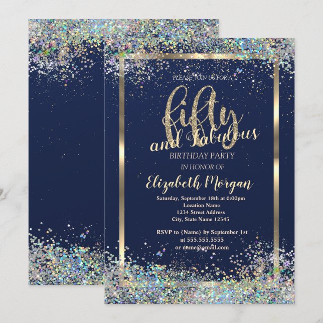 Gold Frame Colorful Confetti 50th Birthday Party Invitation (Front/Back)