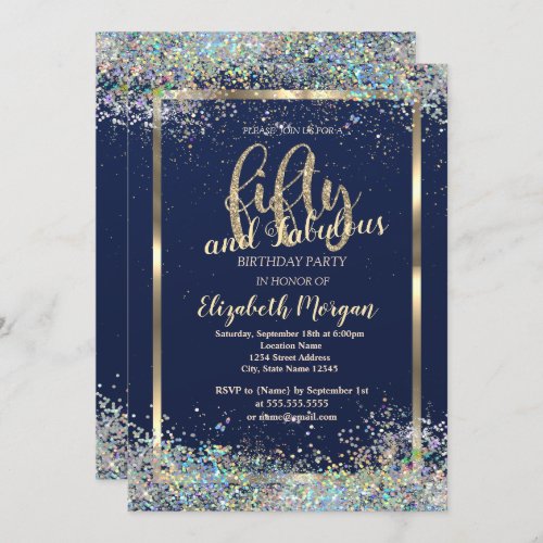 Gold Frame Colorful Confetti 50th Birthday Party Invitation