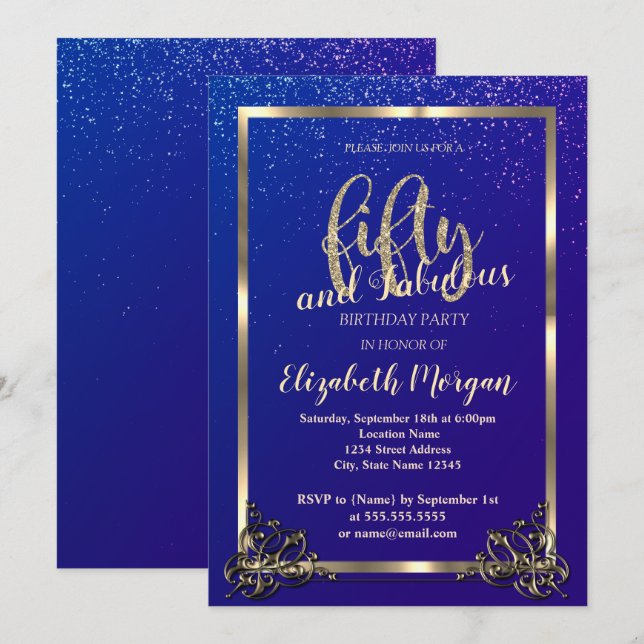 Gold Frame Confetti Blue 50th Birthday Party Invitation (Front/Back)