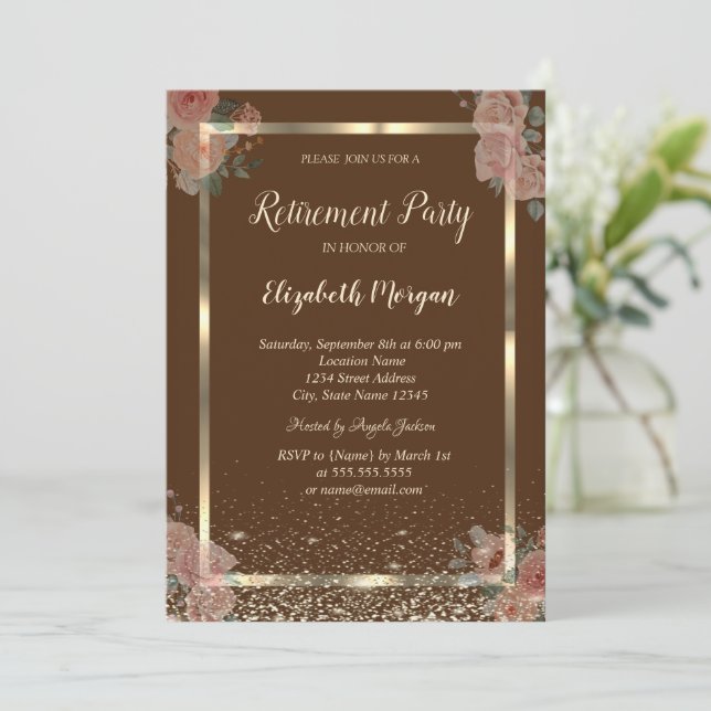Gold Frame Confetti Boho Roses Brown Retirement Invitation (Standing Front)
