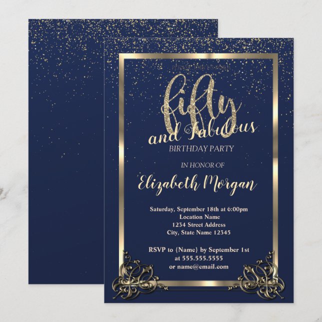 Gold Frame Confetti Navy Blue 50th Birthday Party Invitation (Front/Back)