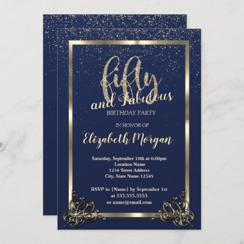 Gold Frame Confetti Navy Blue 50th Birthday Party Invitation