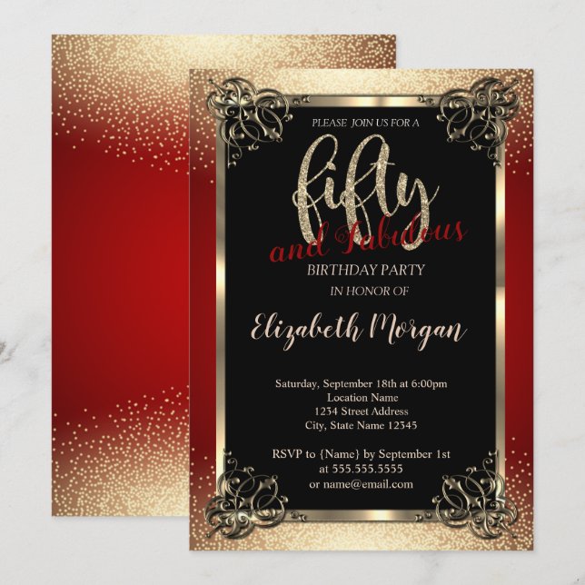 Gold Frame,Confetti Red 50th Birthday Party Invitation (Front/Back)