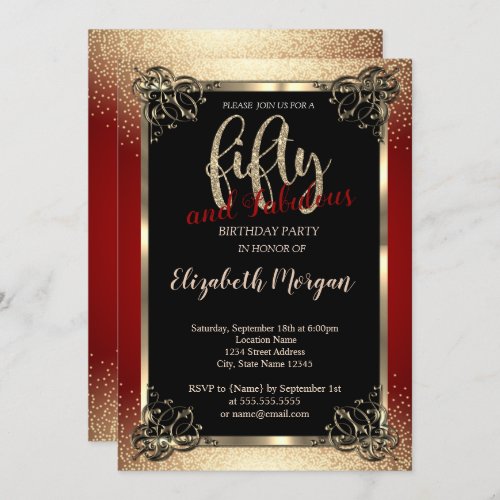 Gold FrameConfetti Red 50th Birthday Party Invitation