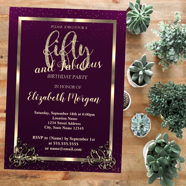 Gold Frame Confetti Violet 50th Birthday Party  Invitation (Creator Uploaded)