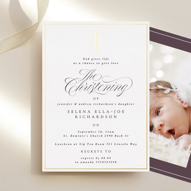 Gold Frame Cross Christening Photo Invitation Foil Invitation (Creator Uploaded)
