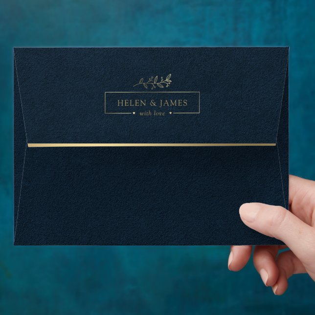 Gold Frame & Dark Blue Texture Wedding Envelope (Hand)