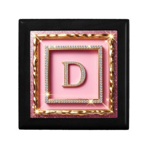 Gold Frame Diamond Initial D Pink Glitter Monogram Gift Box