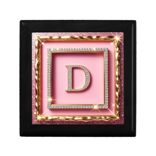 Gold Frame Diamond Initial D Pink Glitter Monogram Gift Box