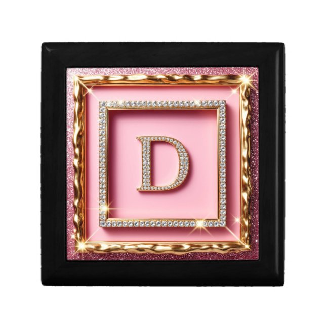Gold Frame Diamond Initial D Pink Glitter Monogram Gift Box (Front)