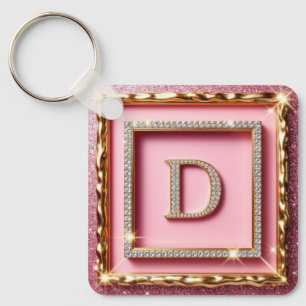 Gold Frame Diamond Initial D Pink Glitter Monogram Keychain