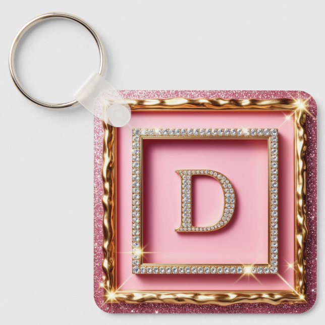 Gold Frame Diamond Initial D Pink Glitter Monogram Keychain (Front)