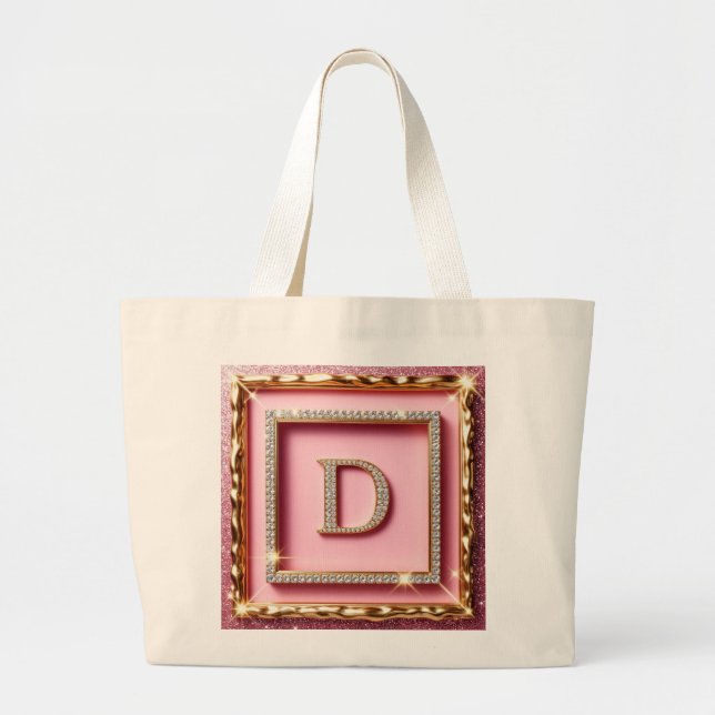 Gold Frame Diamond Initial D Pink Glitter Monogram Large Tote Bag (Front)