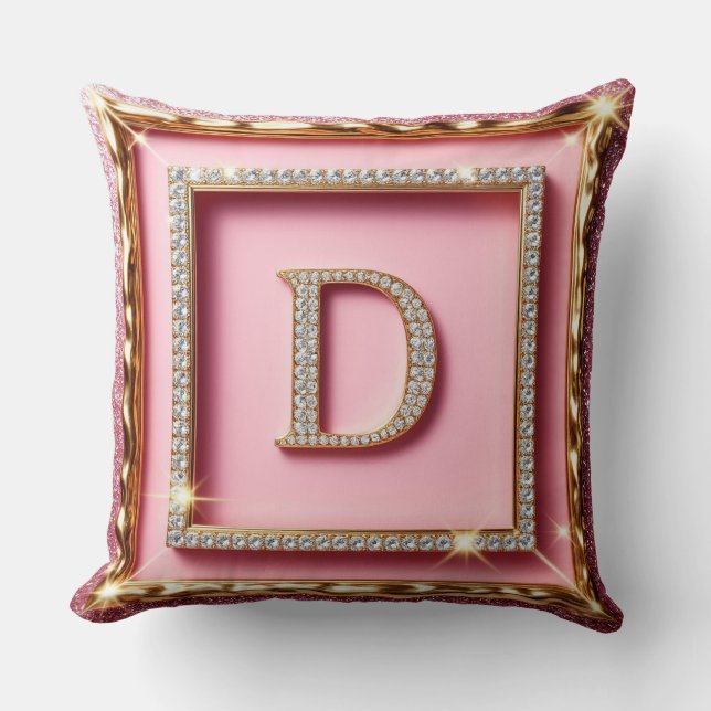 Gold Frame Diamond Initial D Pink Glitter Monogram Throw Pillow (Front)
