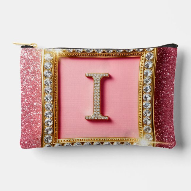 Gold Frame Diamond Initial I Pink Glitter Monogram Accessory Pouch (Front)