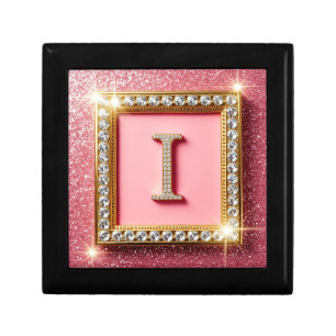 Gold Frame Diamond Initial I Pink Glitter Monogram Gift Box