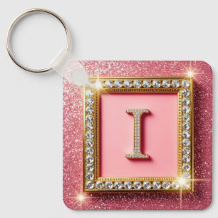 Gold Frame Diamond Initial I Pink Glitter Monogram Keychain