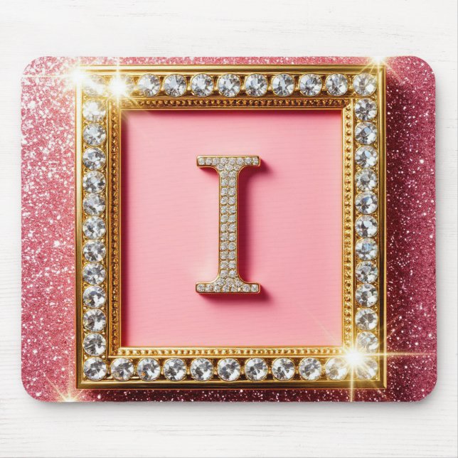 Gold Frame Diamond Initial I Pink Glitter Monogram Mouse Pad (Front)