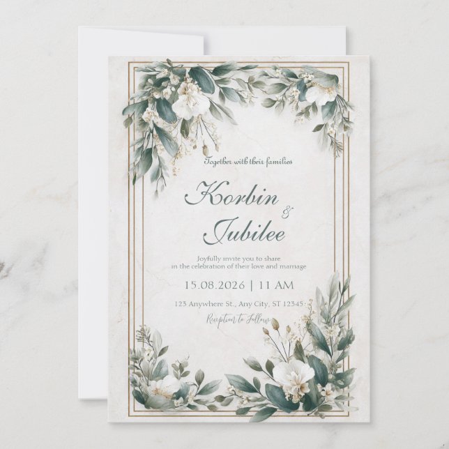Gold Frame Dusty Sage Greenery Floral Wedding Invitation (Front)