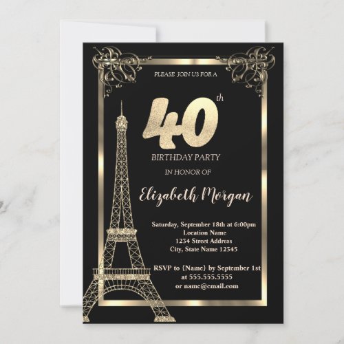Gold FrameEiffel Tower 40th Birthday Party Invitation