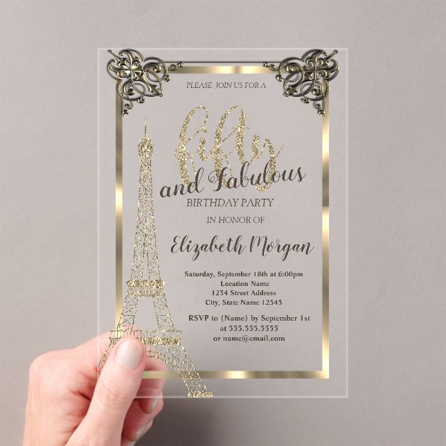 Gold Frame,Eiffel Tower 50th Birthday Party Acrylic Invitations (Insitu (Handheld))