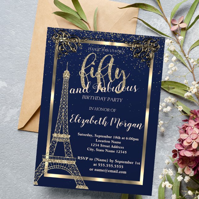 Gold Frame,Eiffel Tower Blue 50th Birthday Party Invitation (Creator Uploaded)