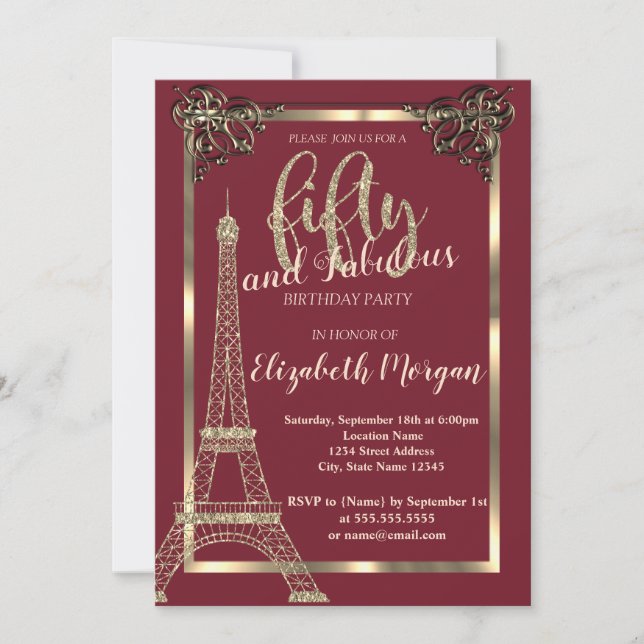 Gold Frame,Eiffel Tower Burgundy 50th Birthday Invitation (Front)