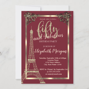 Gold Frame,Eiffel Tower Burgundy 50th Birthday Invitation