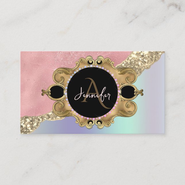 Gold Frame Elegant diamond Pink Holographic Business Card (Front)