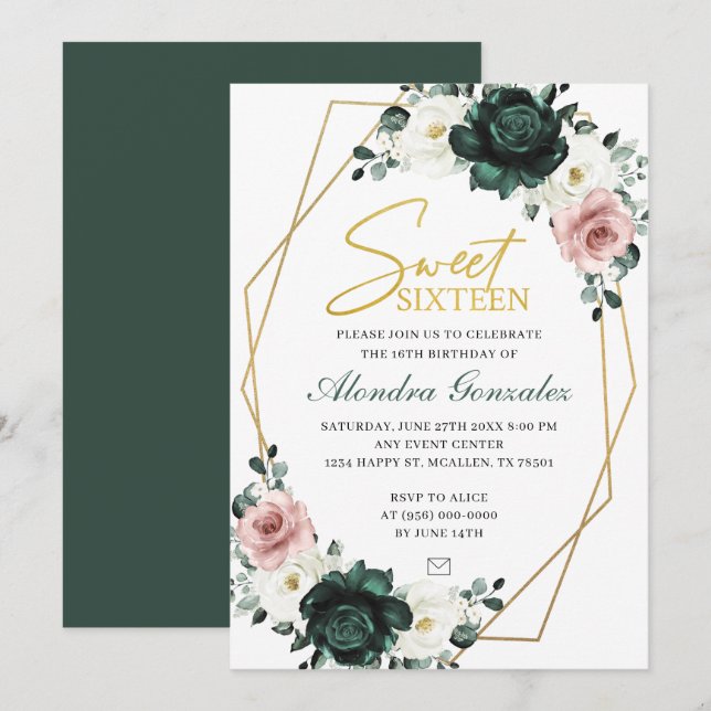 Gold frame emerald green floral Sweet 16 invite (Front/Back)