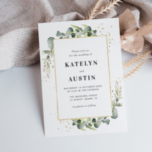 gold frame eucalyptus greenery wedding invitation