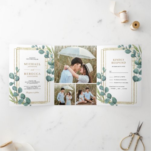 Gold Frame Eucalyptus Leaves Photo Collage Wedding Tri_Fold Invitation