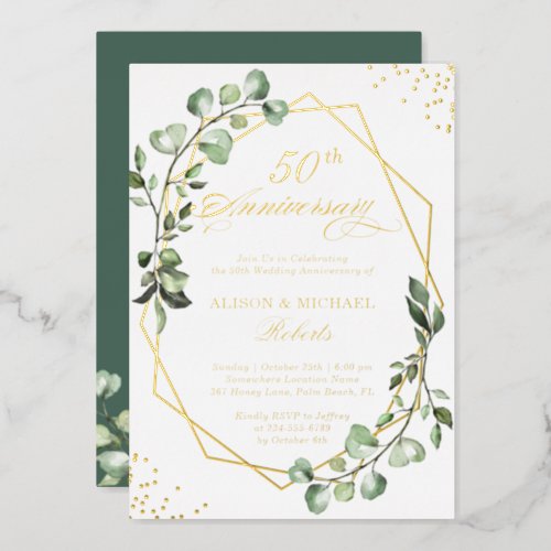 Gold Frame Eucalyptus Leaves Wedding Anniversary Foil Invitation