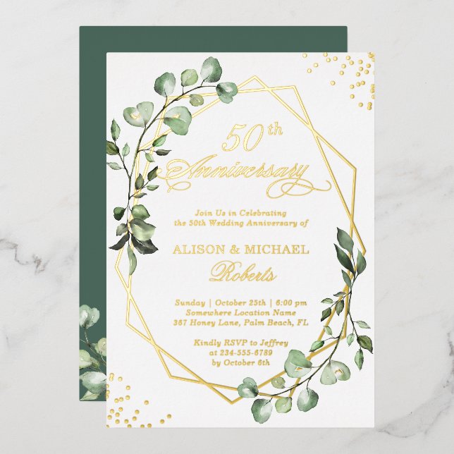 Gold Frame Eucalyptus Leaves Wedding Anniversary Foil Invitation (Front/Back)