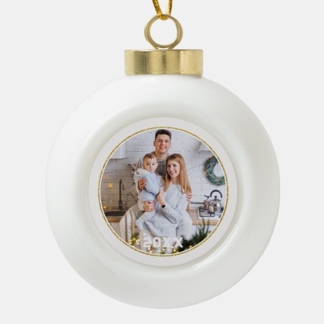 Gold Frame Family Photo Christmas Ornament (Front)