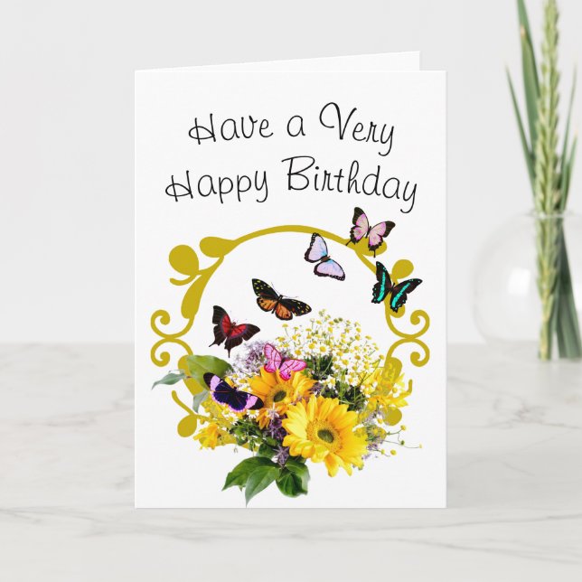 Gold Frame Flowers Butterflies Birthday Card (Front)