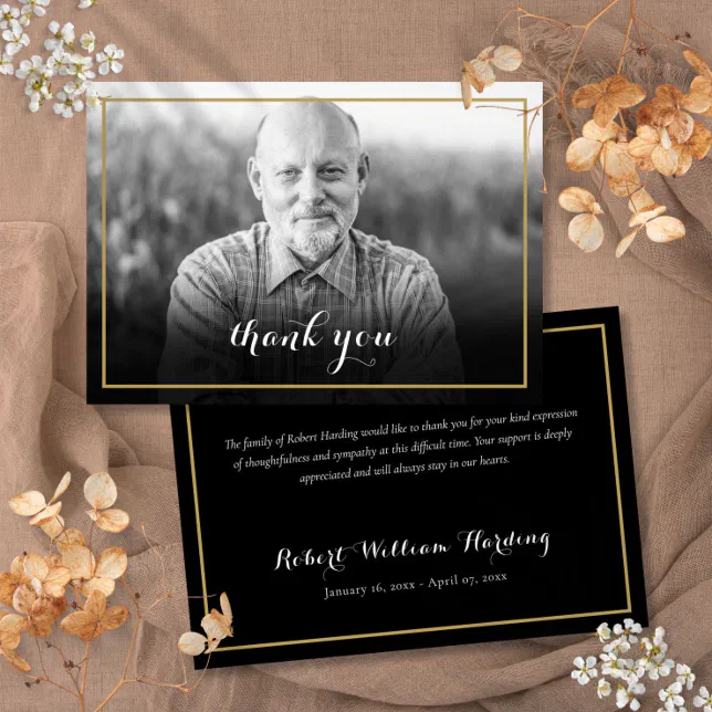 Gold Frame Funeral Photo Black and White Thank You Card | Zazzle